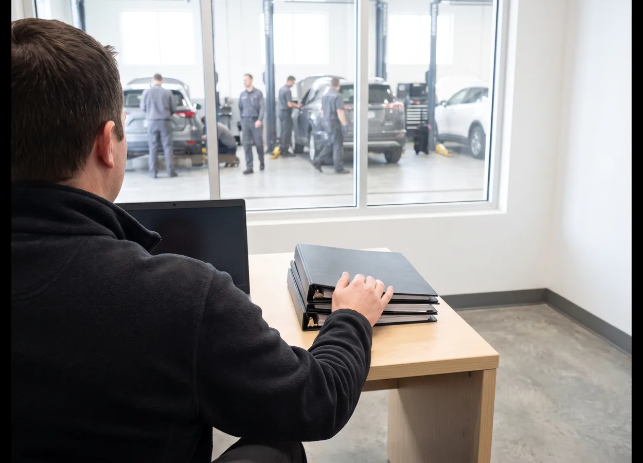 shop manager reviewing printed regulatory paperwork in a collision repair office