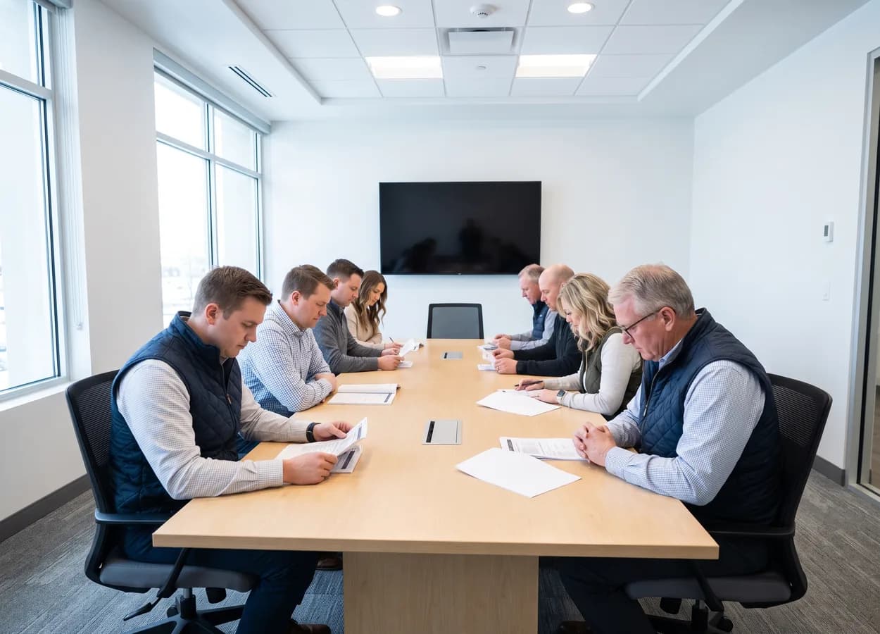 collision repair shop owners in a board meeting discussing industry issues