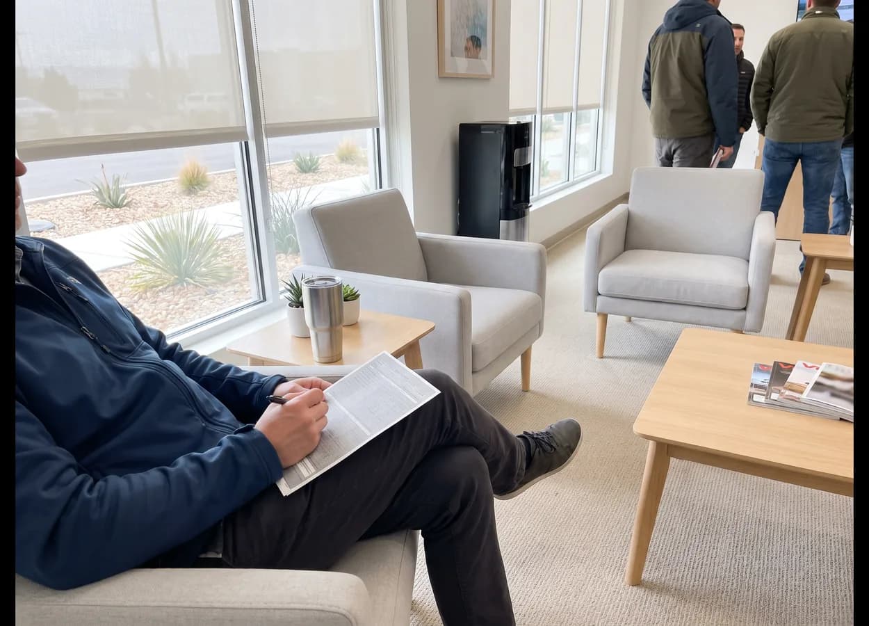 vehicle owner reading claim paperwork in a collision repair waiting area