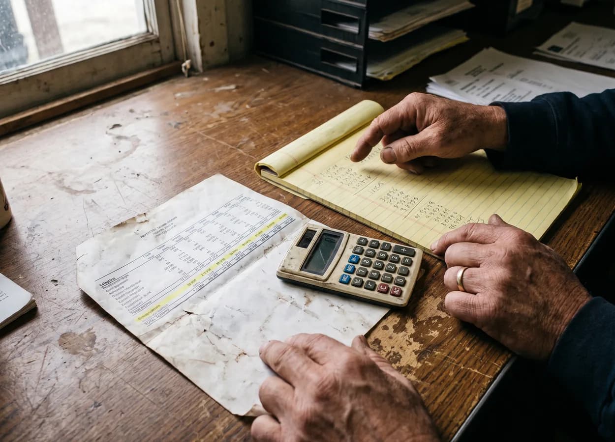 hands comparing printed collision repair rate figures against handwritten notes