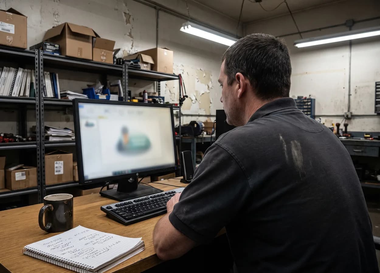 shop manager watching an online training session at a shop office monitor