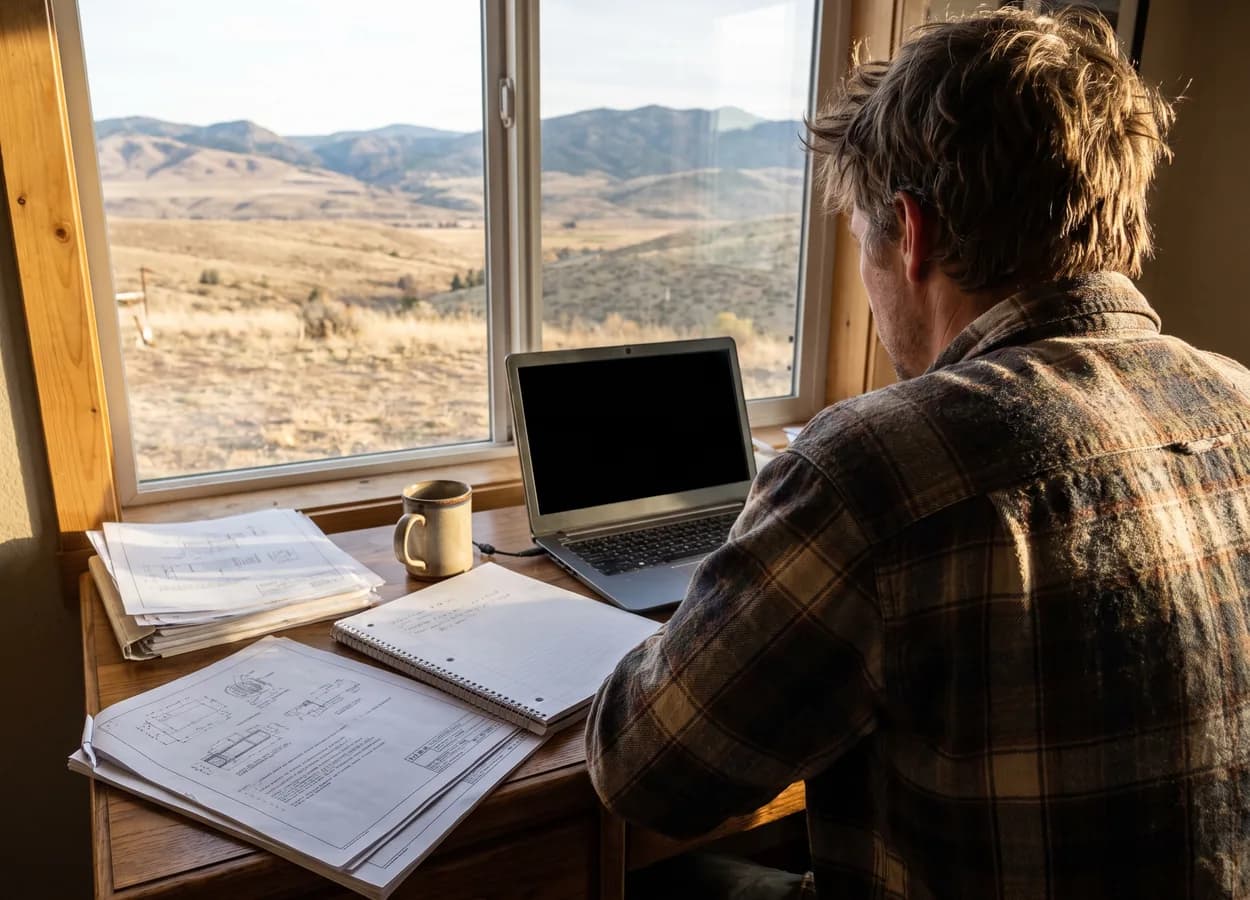 estimator writing up a repair plan at a shop office desk