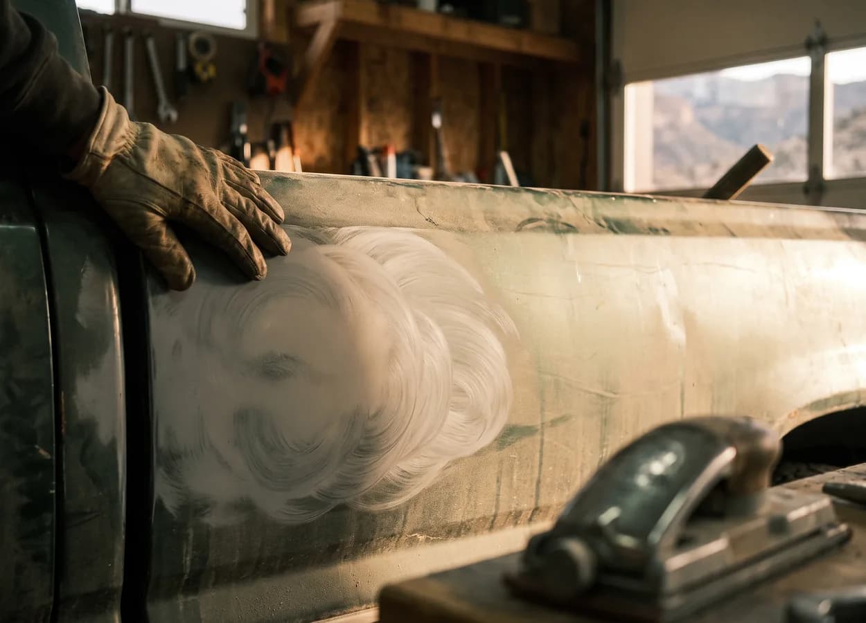 technician working on a damaged panel in a collision repair shop