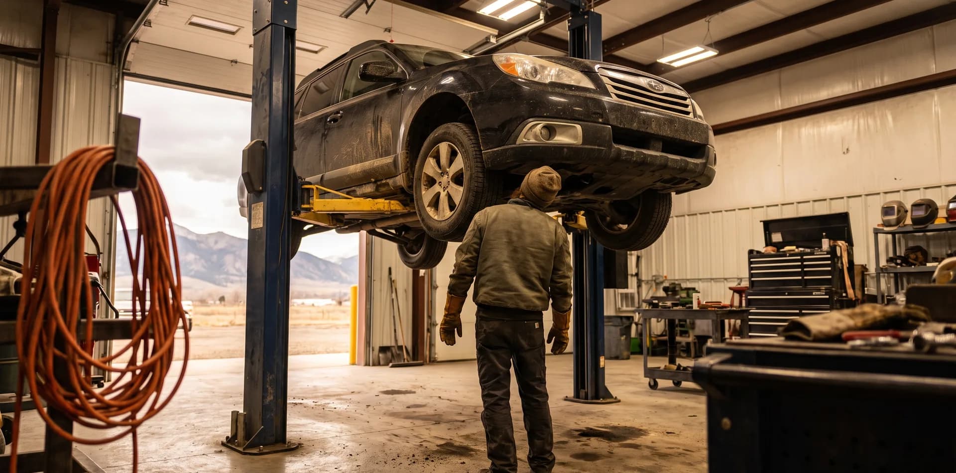 technician working beneath a vehicle on a lift in a modern collision center