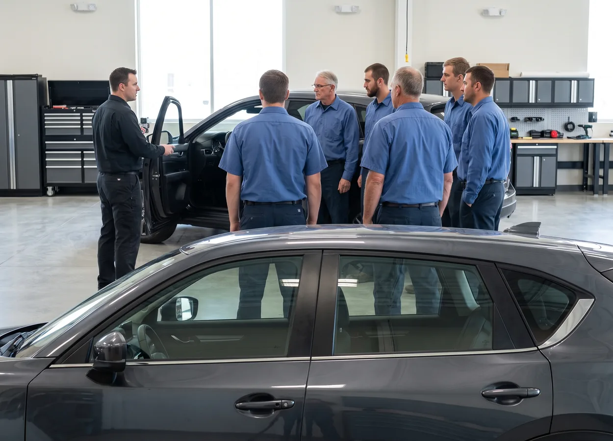 instructor teaching collision repair techniques to a group of technicians