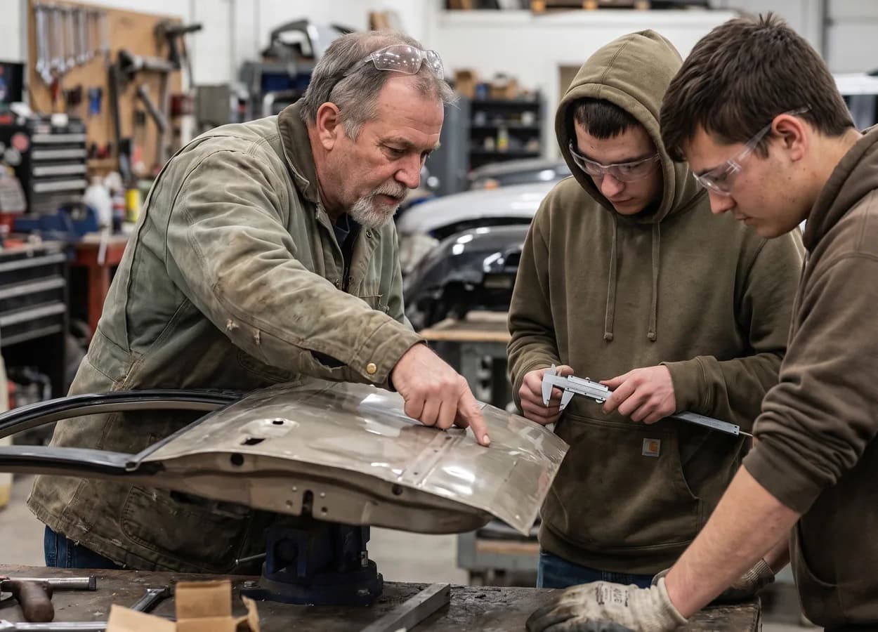 instructor guiding two technicians through a panel repair at a workbench