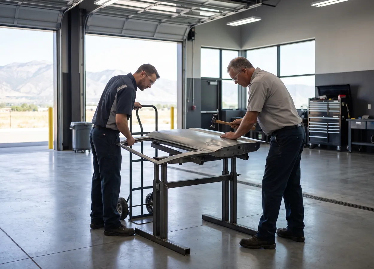 collision repair training session, technicians practicing on a vehicle